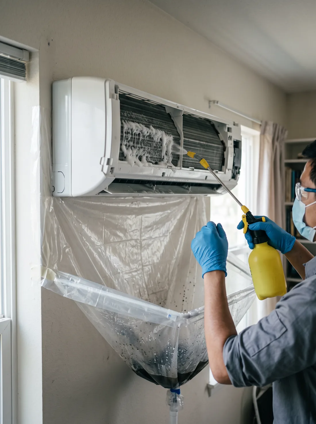 Chemical cleaning of an indoor air conditioner coil with protective sheeting fitted