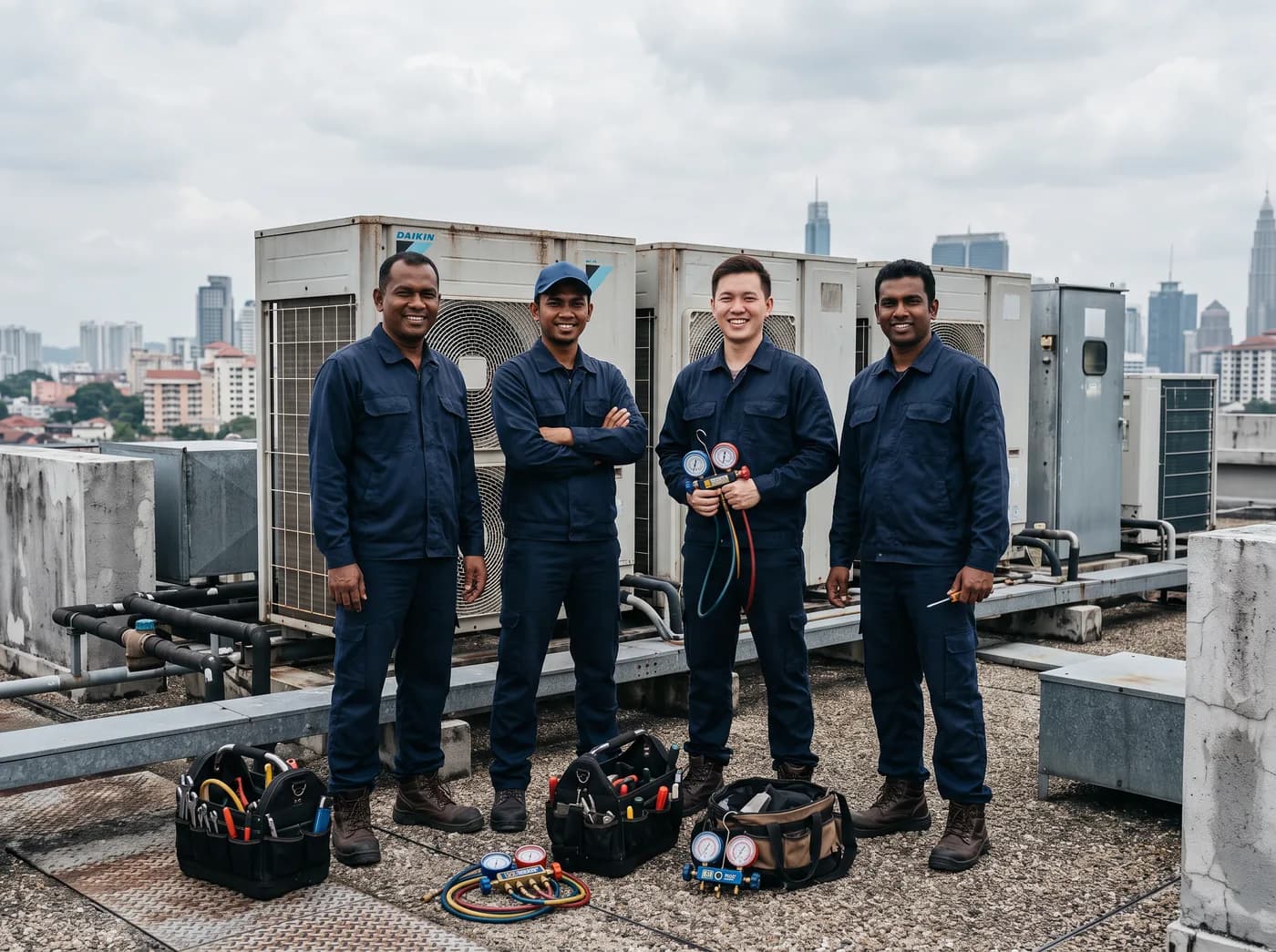 The BHIC Technologies team in uniform beside rooftop condensing units