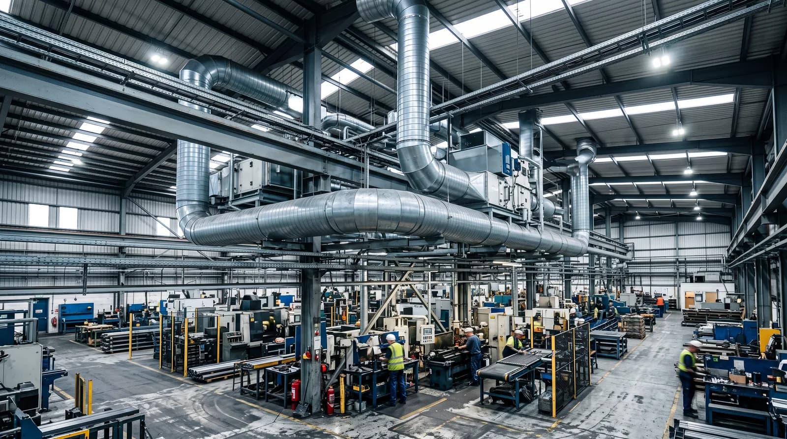 Galvanised ventilation ducting running overhead inside a factory