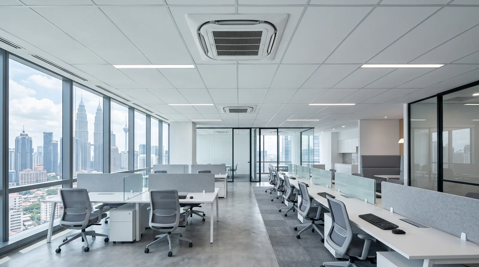 Ceiling cassette air conditioning units in a modern open plan office
