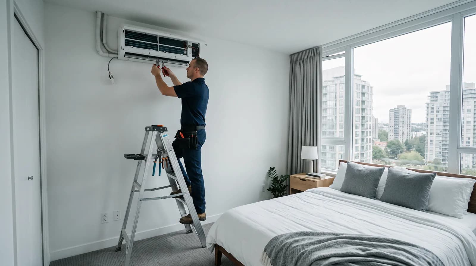 Technician on a step ladder servicing a split unit in a condominium bedroom