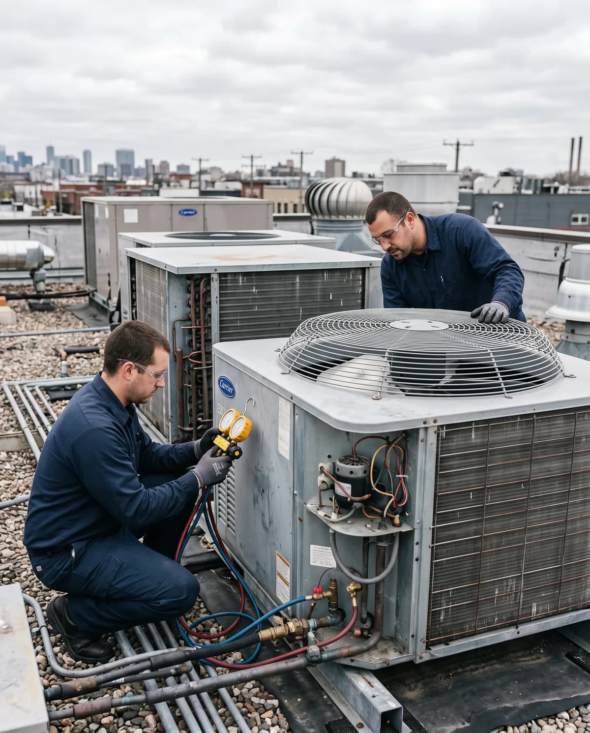 Two BHIC Technologies technicians servicing an outdoor condensing unit on a rooftop